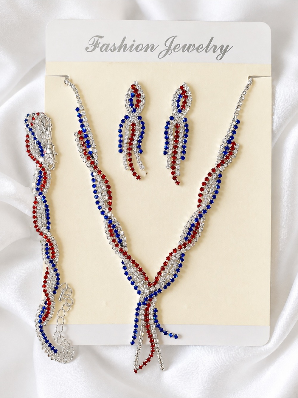 Fashion Jewelry Red, White & Blue Crystal Necklace, Bracelet & Earrings Set